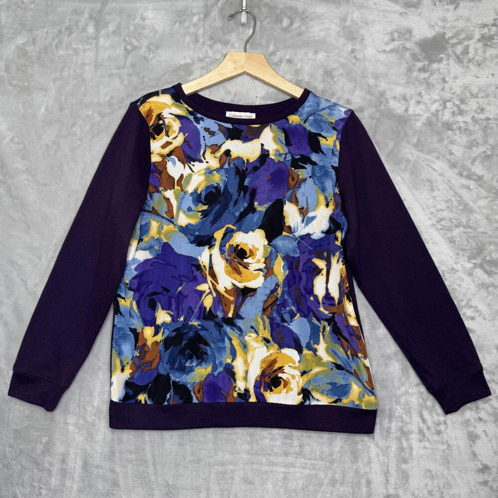 Coldwater Creek Sweatshirt Womens Medium Purple Blue Floral Pullover Crewneck